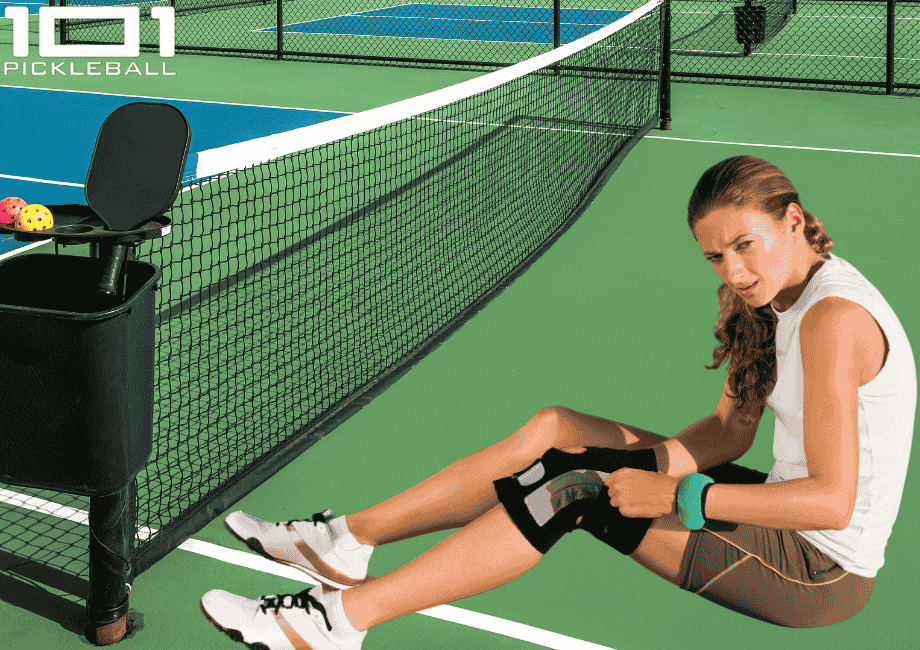 A woman sitting on a pickleball court putting on a knee brace.