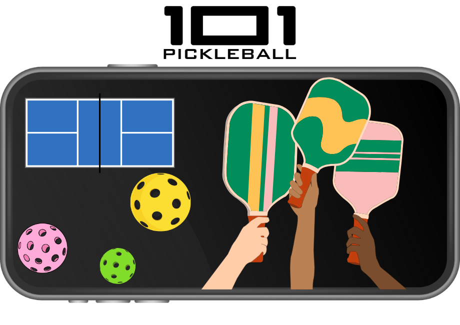 Mobile phone showing a court, pickleballs, and hands holding paddles