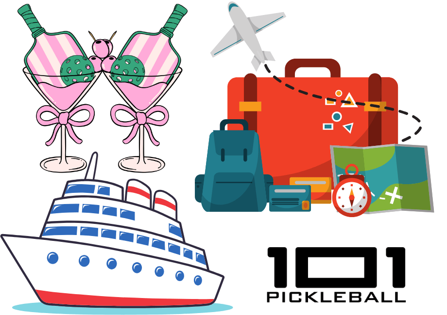 Pickleball paddles in cocktails, cruise ship. airplane, and luggages.