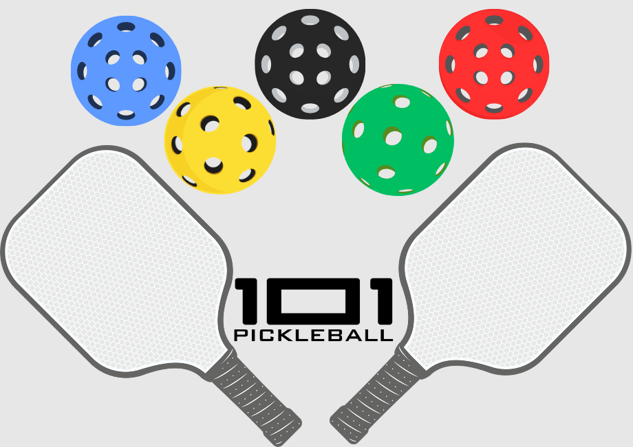 Pickleballs arranged in the color of the Olympics symbol above paddles