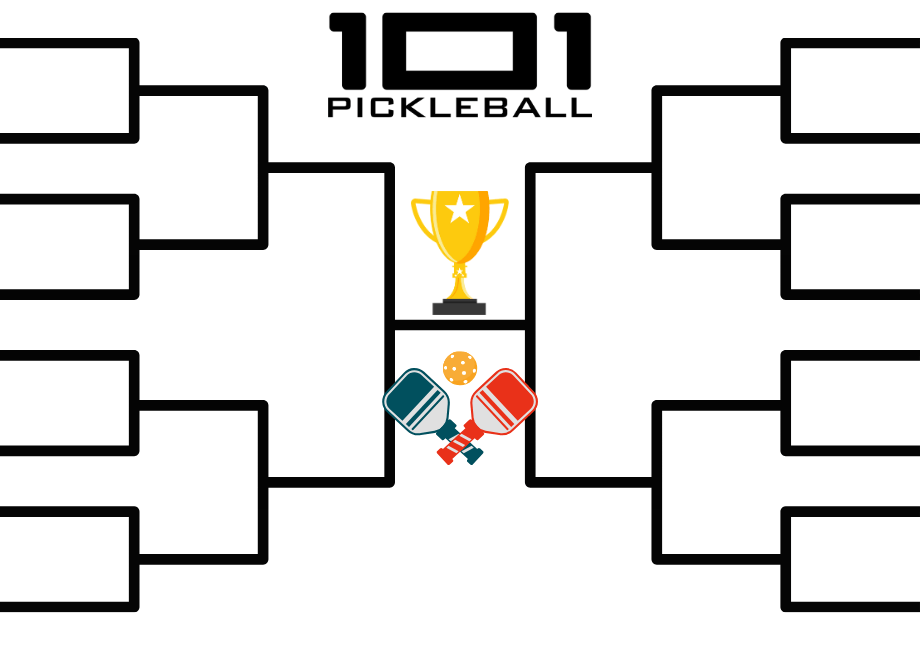 Brackets with a trophy, and pickeball paddles and balls