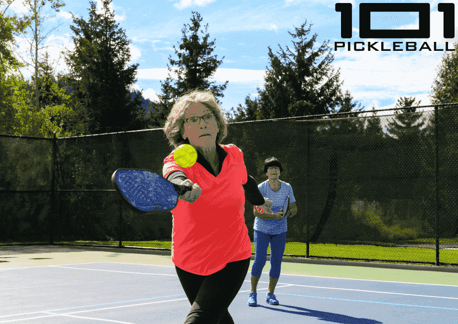 Two seniors playing pickleball.